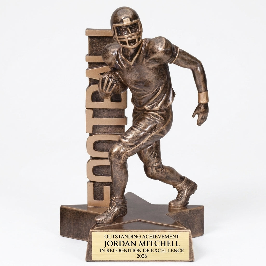 Personalized Football Billboard Resin Trophy resin award, custom laser engraved recognition award on a clean white studio background