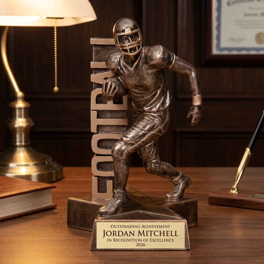 Personalized Football Billboard Resin Trophy resin award on a warm executive desk with a green banker's lamp, engraved corporate recognition and retirement gift