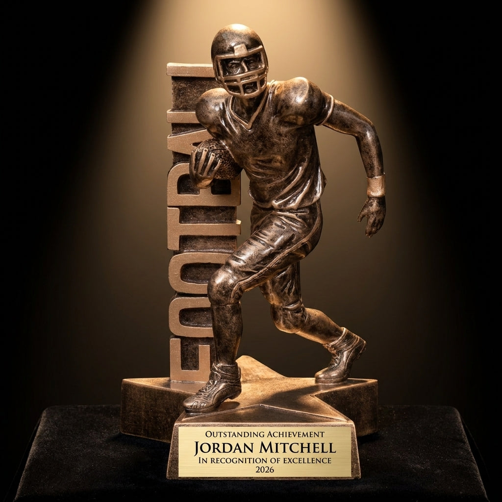 Personalized Football Billboard Resin Trophy resin award on black velvet under awards-ceremony spotlight, engraved champion and lifetime achievement award