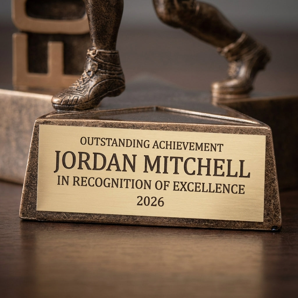 Close-up of the custom laser engraving on a personalized Football Billboard Resin Trophy resin award, showing crisp permanent personalization