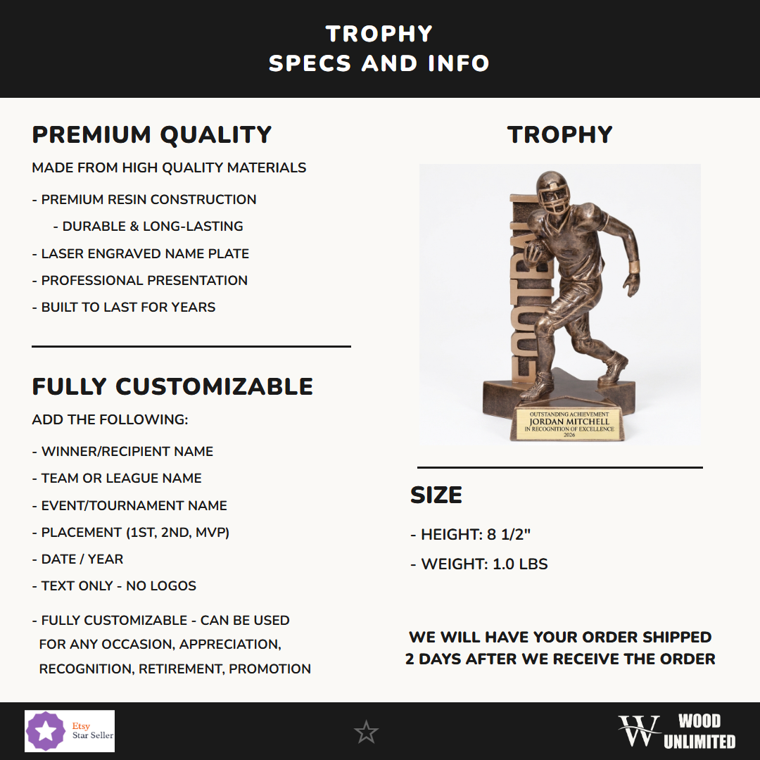 Specifications for the personalized Football Billboard Resin Trophy resin award — materials, engraving, and features