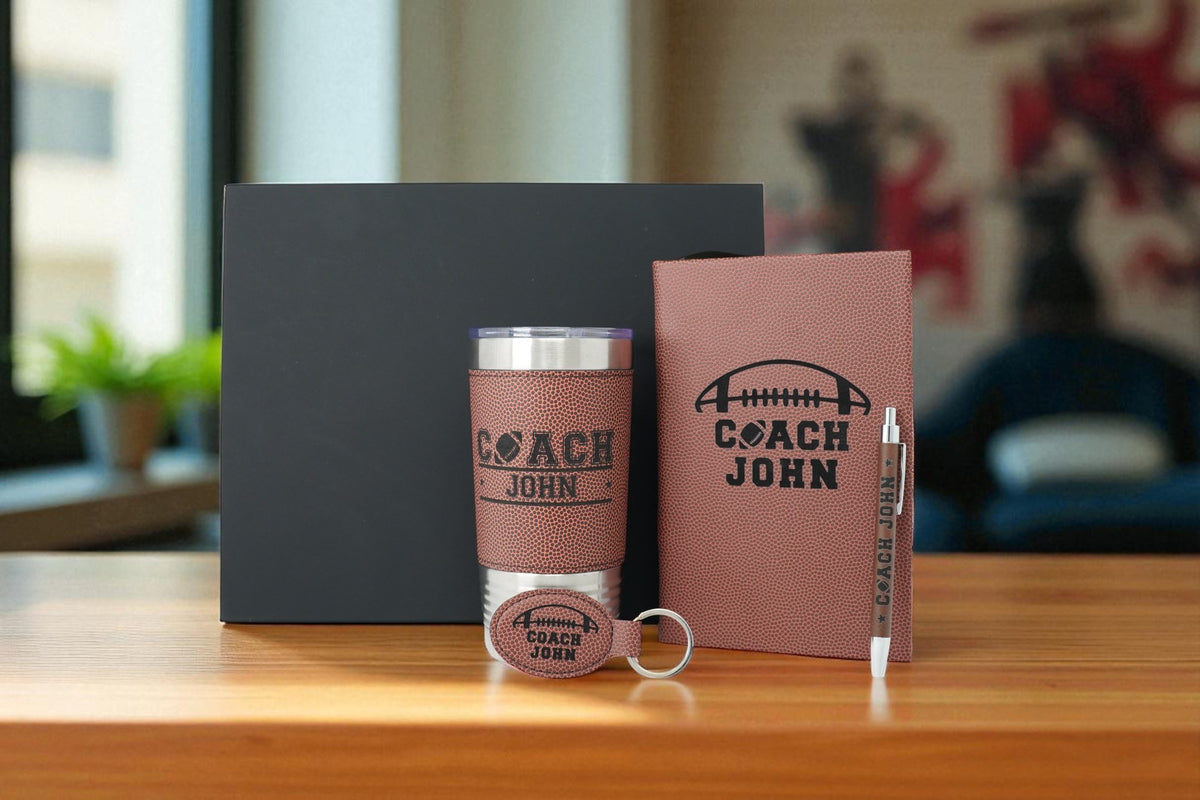 The football coach keychain with the full Football Coach Gift Box set: engraved tumbler, journal and pen