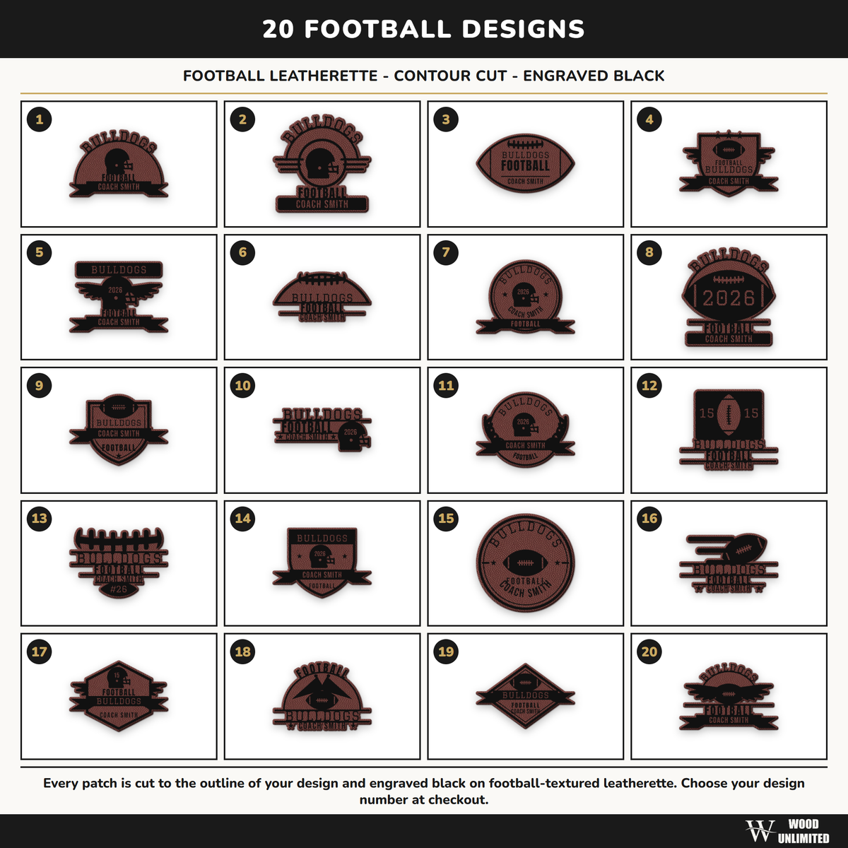 chart of 20 contour cut football design outlines