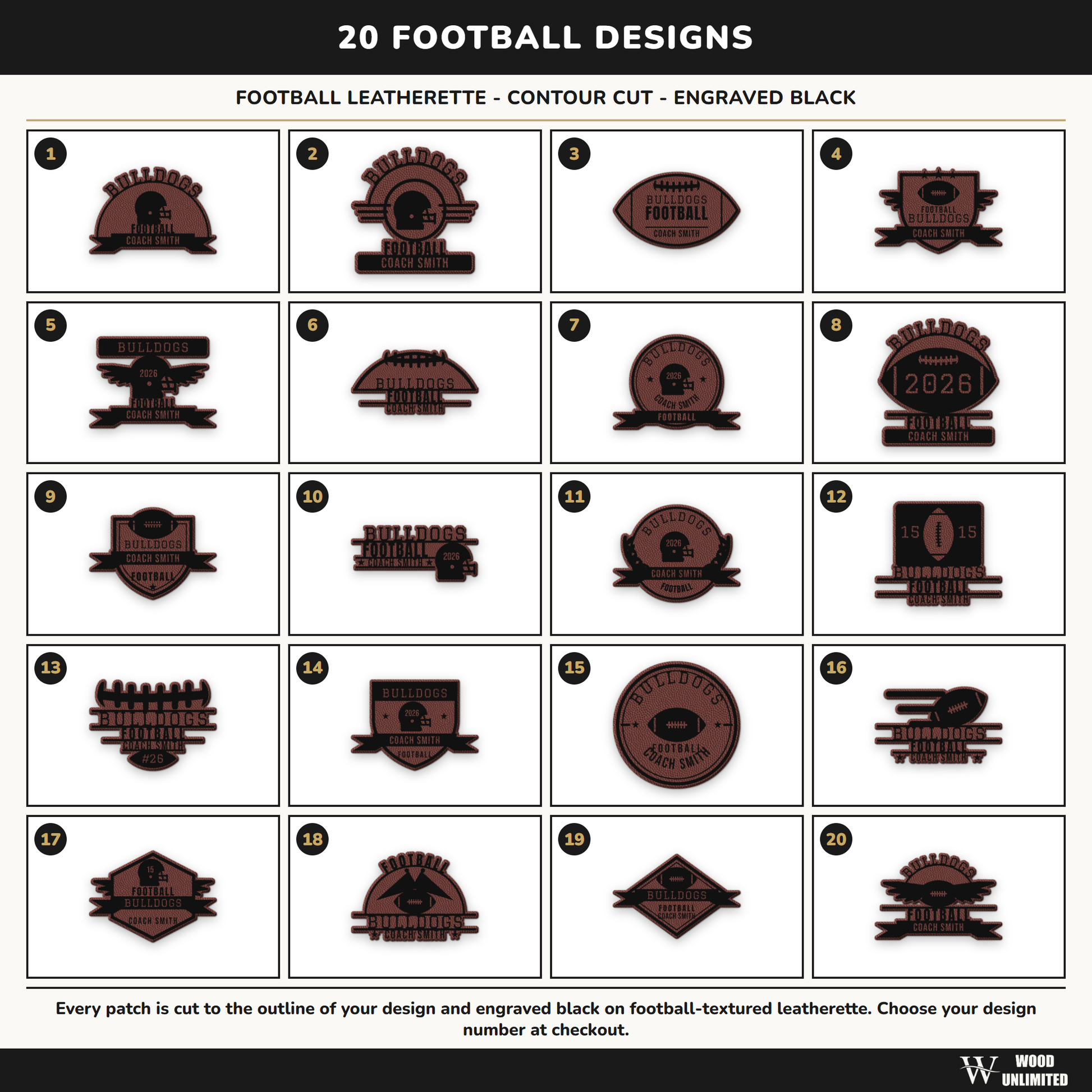 chart of 20 contour cut football design outlines
