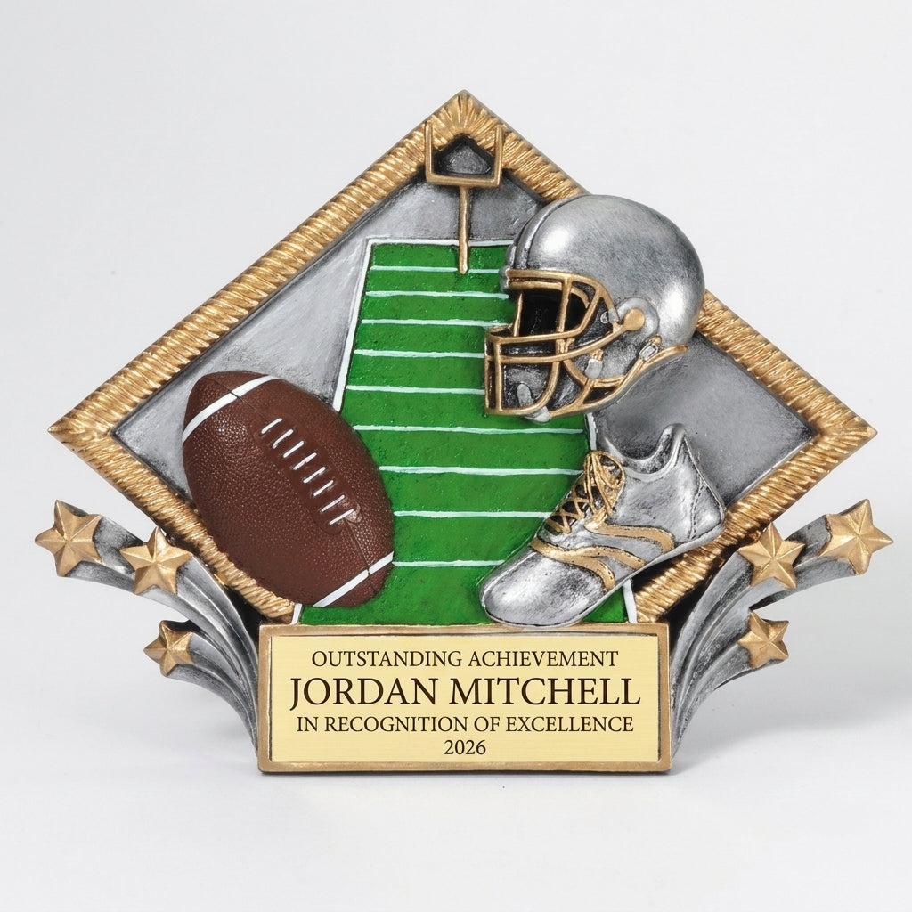 Personalized Football Diamond Plate Resin Award resin award, custom laser engraved recognition award on a clean white studio background
