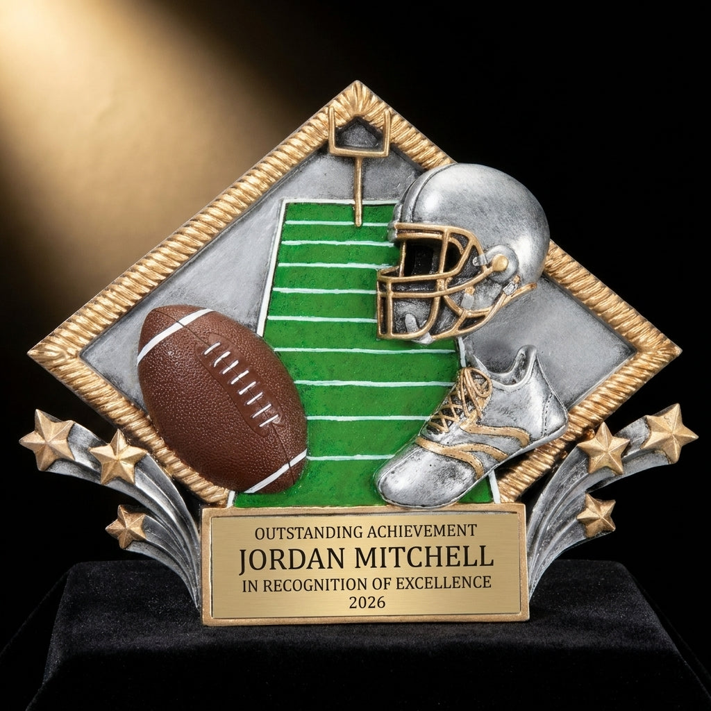 Personalized Football Diamond Plate Resin Award resin award on black velvet under awards-ceremony spotlight, engraved champion and lifetime achievement award