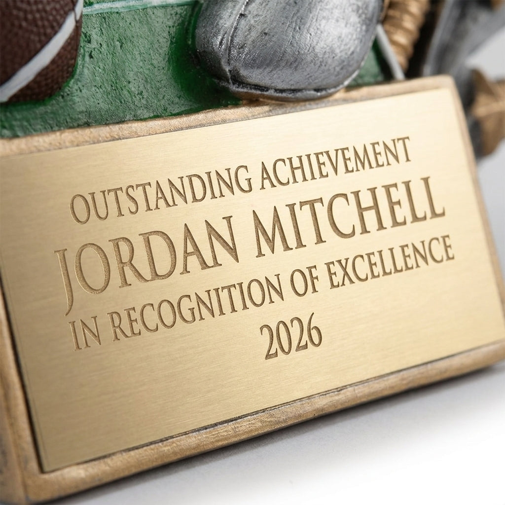 Close-up of the custom laser engraving on a personalized Football Diamond Plate Resin Award resin award, showing crisp permanent personalization