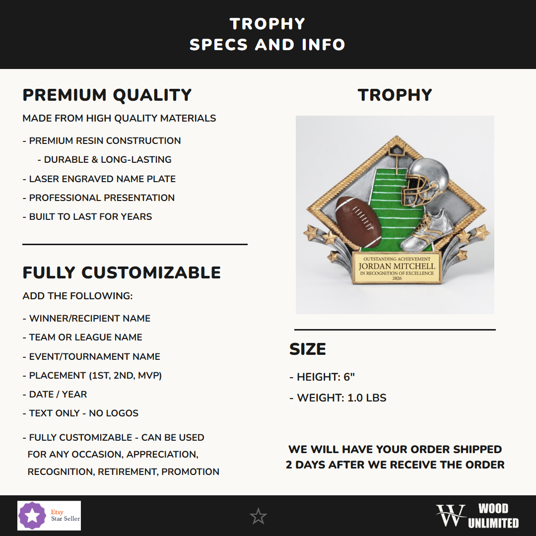 Specifications for the personalized Football Diamond Plate Resin Award resin award — materials, engraving, and features