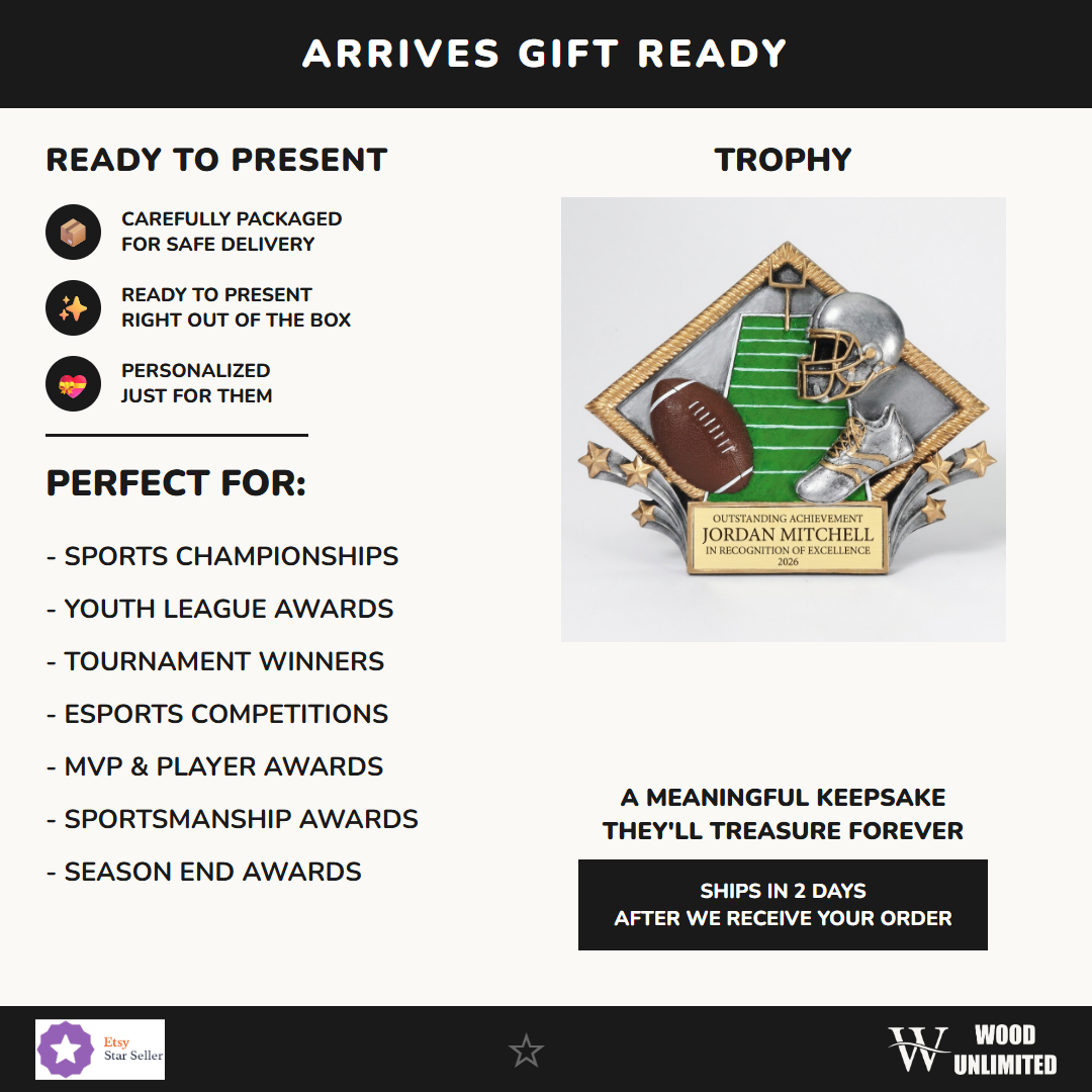 Gift-ready personalized Football Diamond Plate Resin Award resin award, perfect for ceremonies, retirements, and corporate recognition