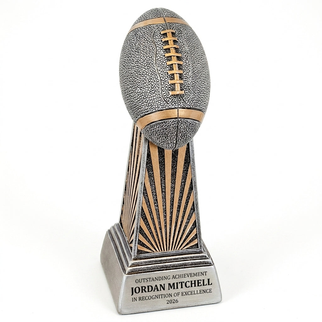 Personalized Football Imperial Resin Award resin award, custom laser engraved recognition award on a clean white studio background