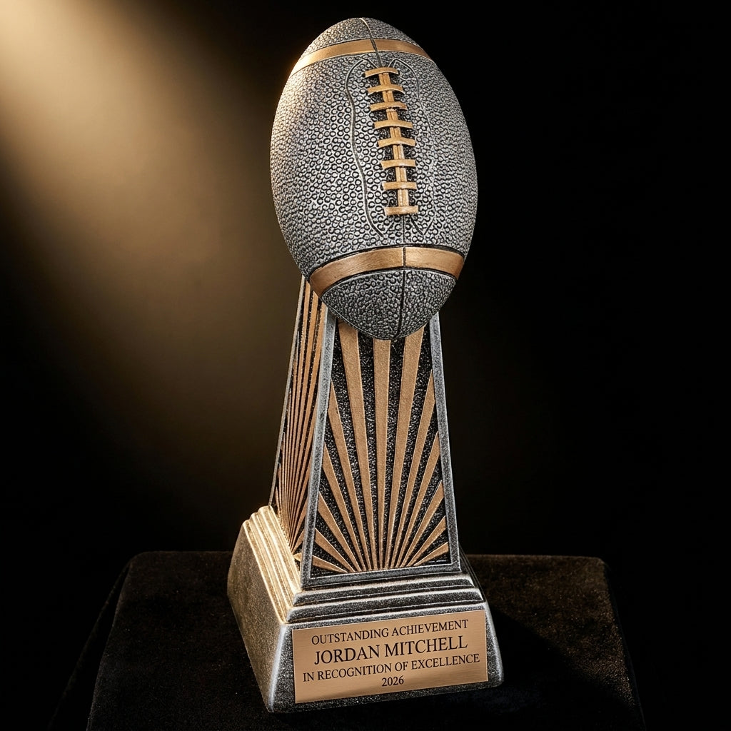 Personalized Football Imperial Resin Award resin award on black velvet under awards-ceremony spotlight, engraved champion and lifetime achievement award