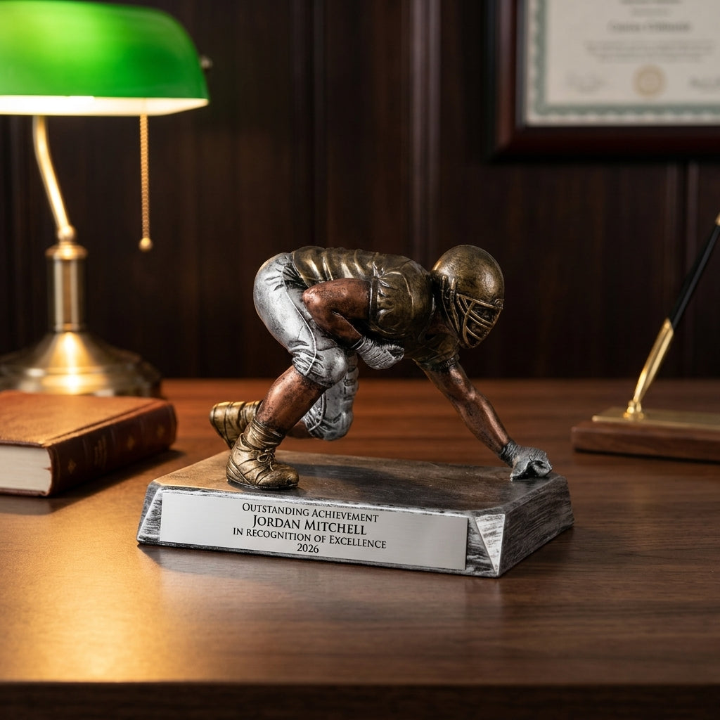 Personalized Football Lineman Resin Trophy resin award on a warm executive desk with a green banker's lamp, engraved corporate recognition and retirement gift