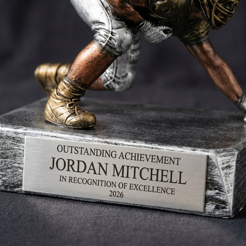 Close-up of the custom laser engraving on a personalized Football Lineman Resin Trophy resin award, showing crisp permanent personalization