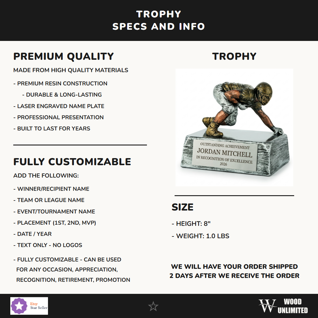 Specifications for the personalized Football Lineman Resin Trophy resin award — materials, engraving, and features