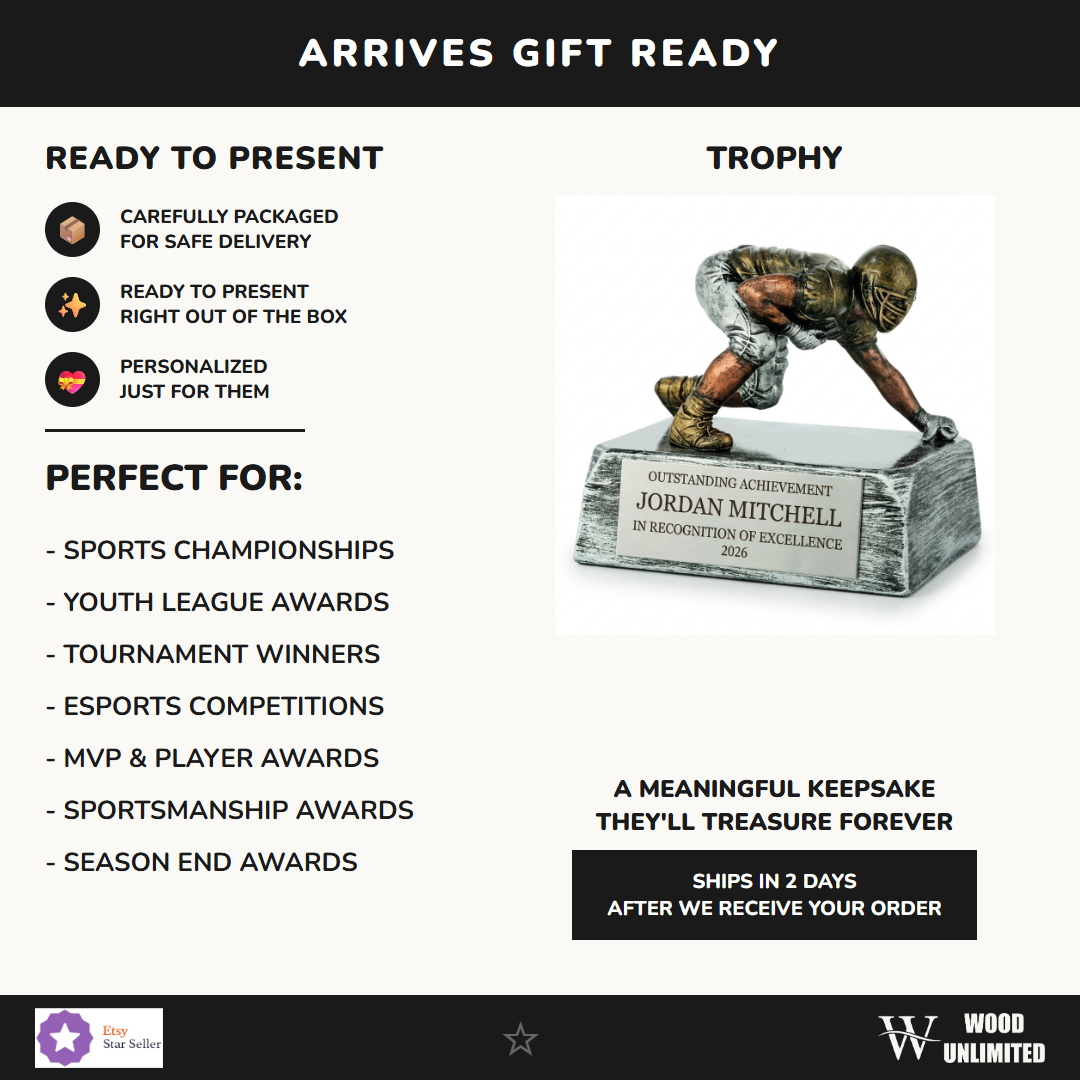 Gift-ready personalized Football Lineman Resin Trophy resin award, perfect for ceremonies, retirements, and corporate recognition