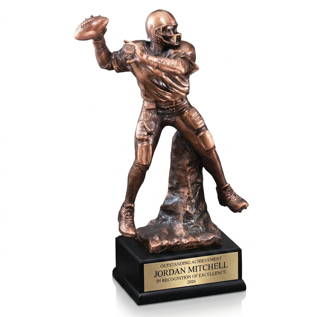 Personalized Football Quarterback Resin Trophy resin award, custom laser engraved recognition award on a clean white studio background