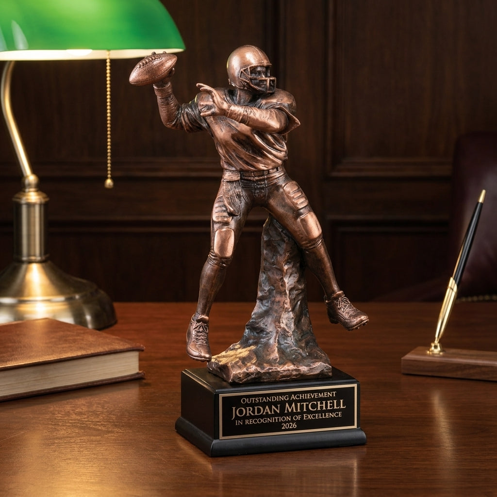 Personalized Football Quarterback Resin Trophy resin award on a warm executive desk with a green banker's lamp, engraved corporate recognition and retirement gift