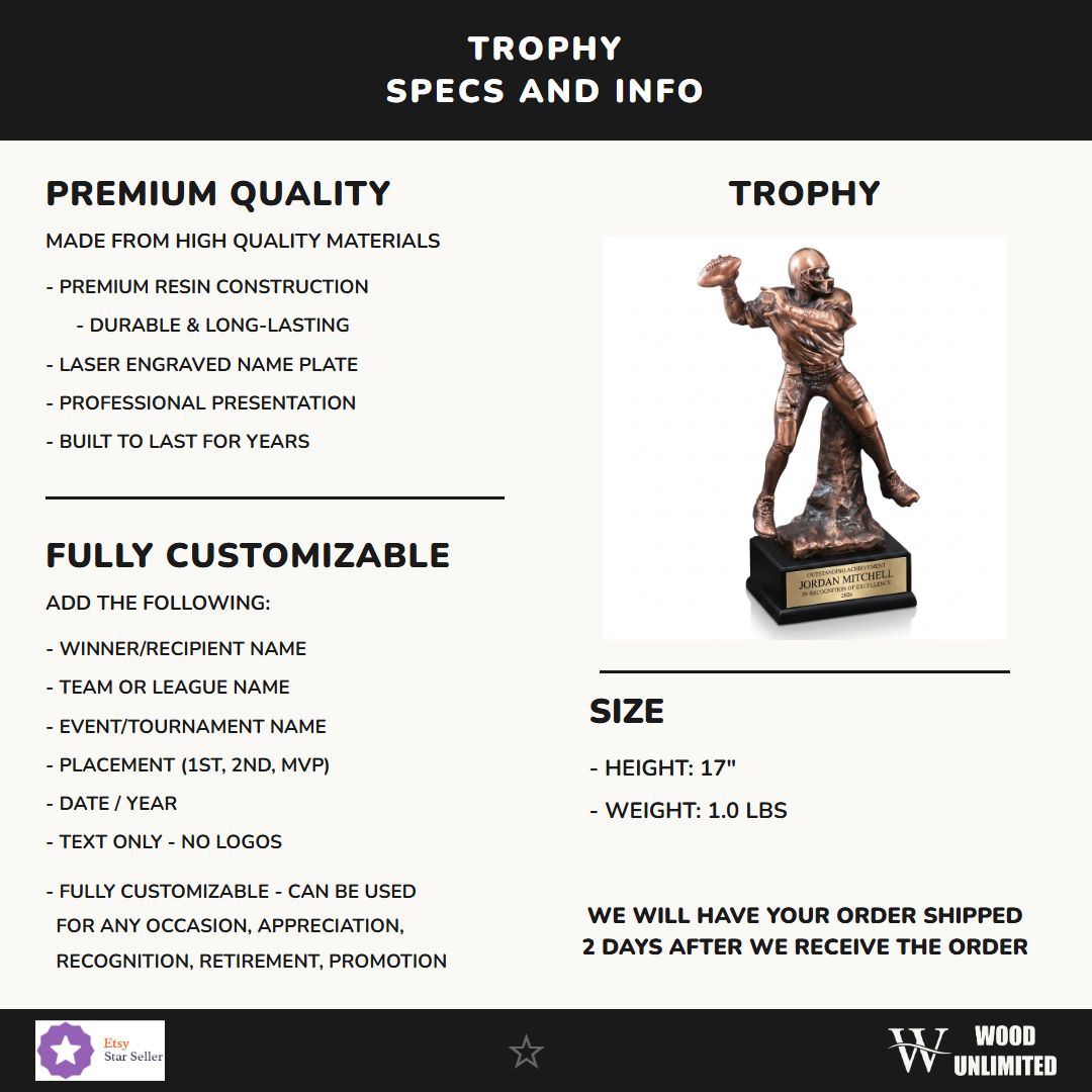 Specifications for the personalized Football Quarterback Resin Trophy resin award — materials, engraving, and features