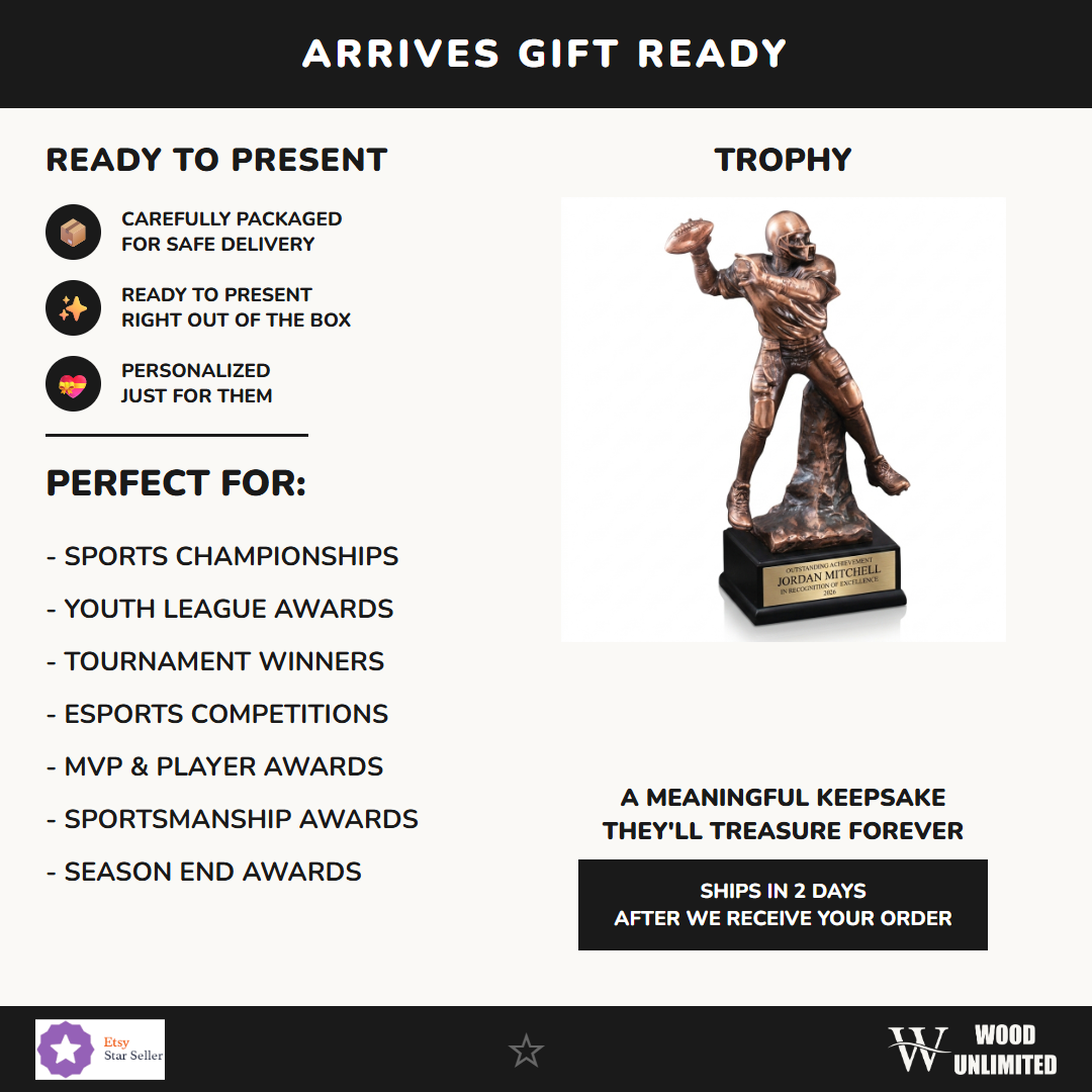 Gift-ready personalized Football Quarterback Resin Trophy resin award, perfect for ceremonies, retirements, and corporate recognition