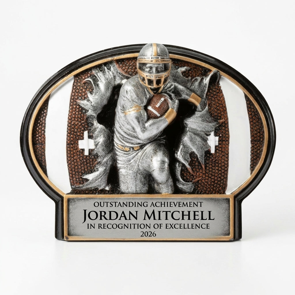 Personalized Football Resin Plaque Award resin award, custom laser engraved recognition award on a clean white studio background