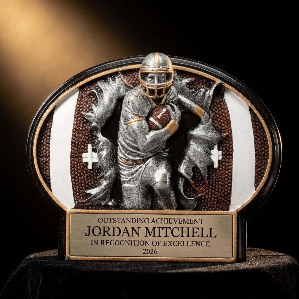 Personalized Football Resin Plaque Award resin award on black velvet under awards-ceremony spotlight, engraved champion and lifetime achievement award