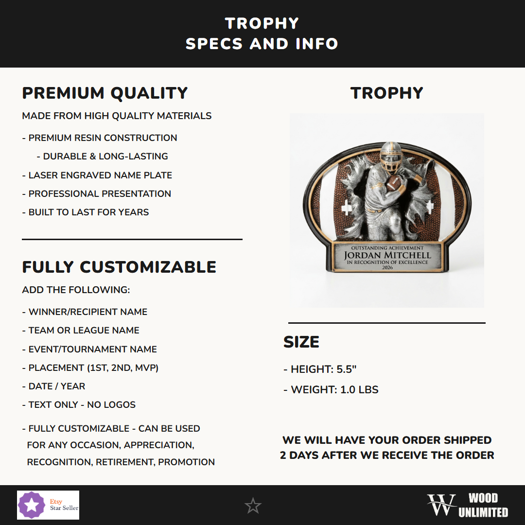 Specifications for the personalized Football Resin Plaque Award resin award — materials, engraving, and features