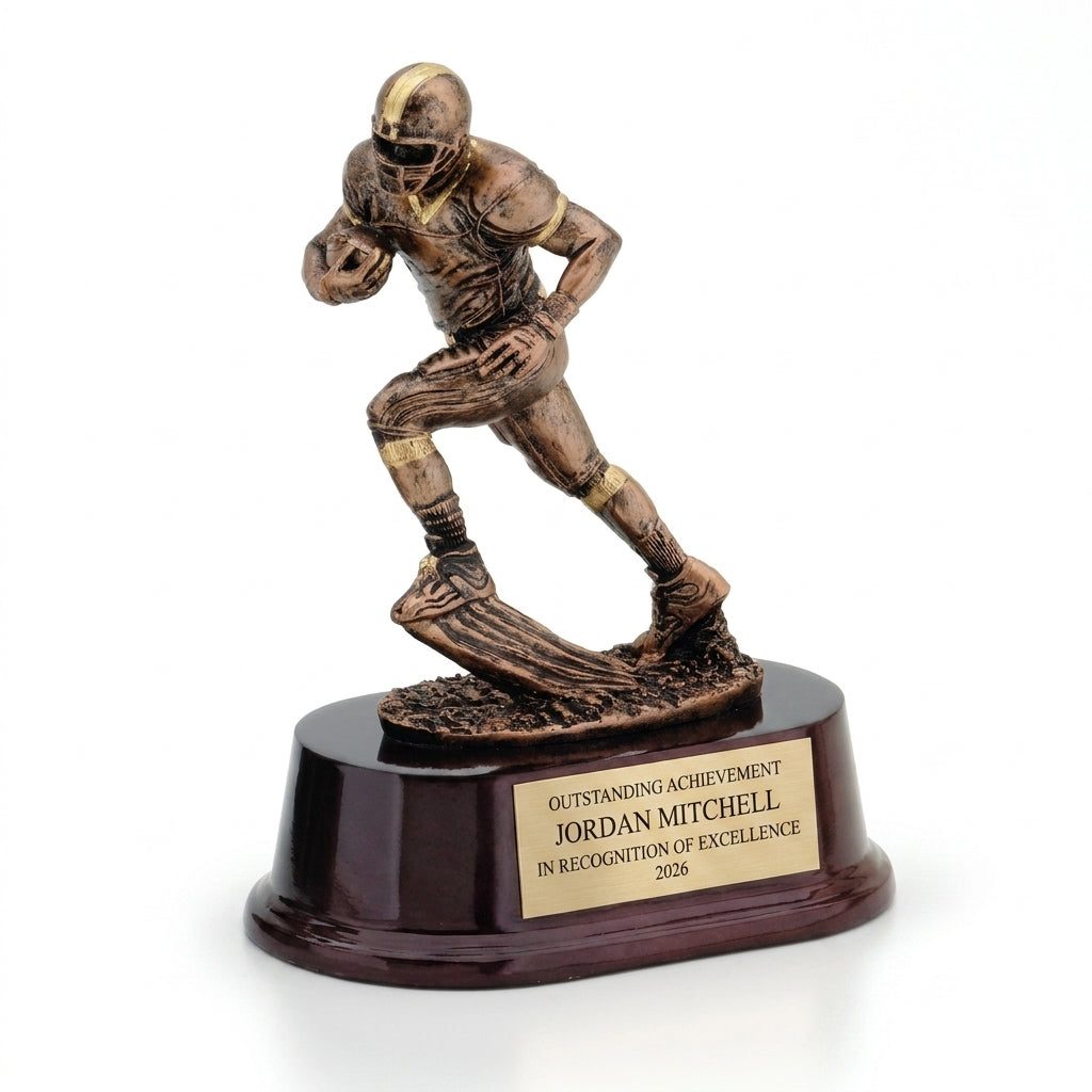 Personalized Football Runner Resin Trophy resin award, custom laser engraved recognition award on a clean white studio background