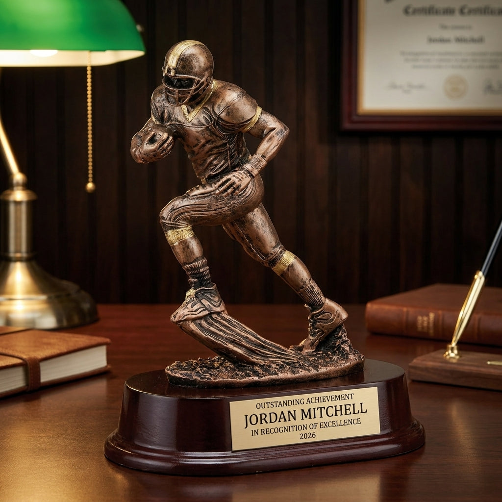 Personalized Football Runner Resin Trophy resin award on a warm executive desk with a green banker's lamp, engraved corporate recognition and retirement gift