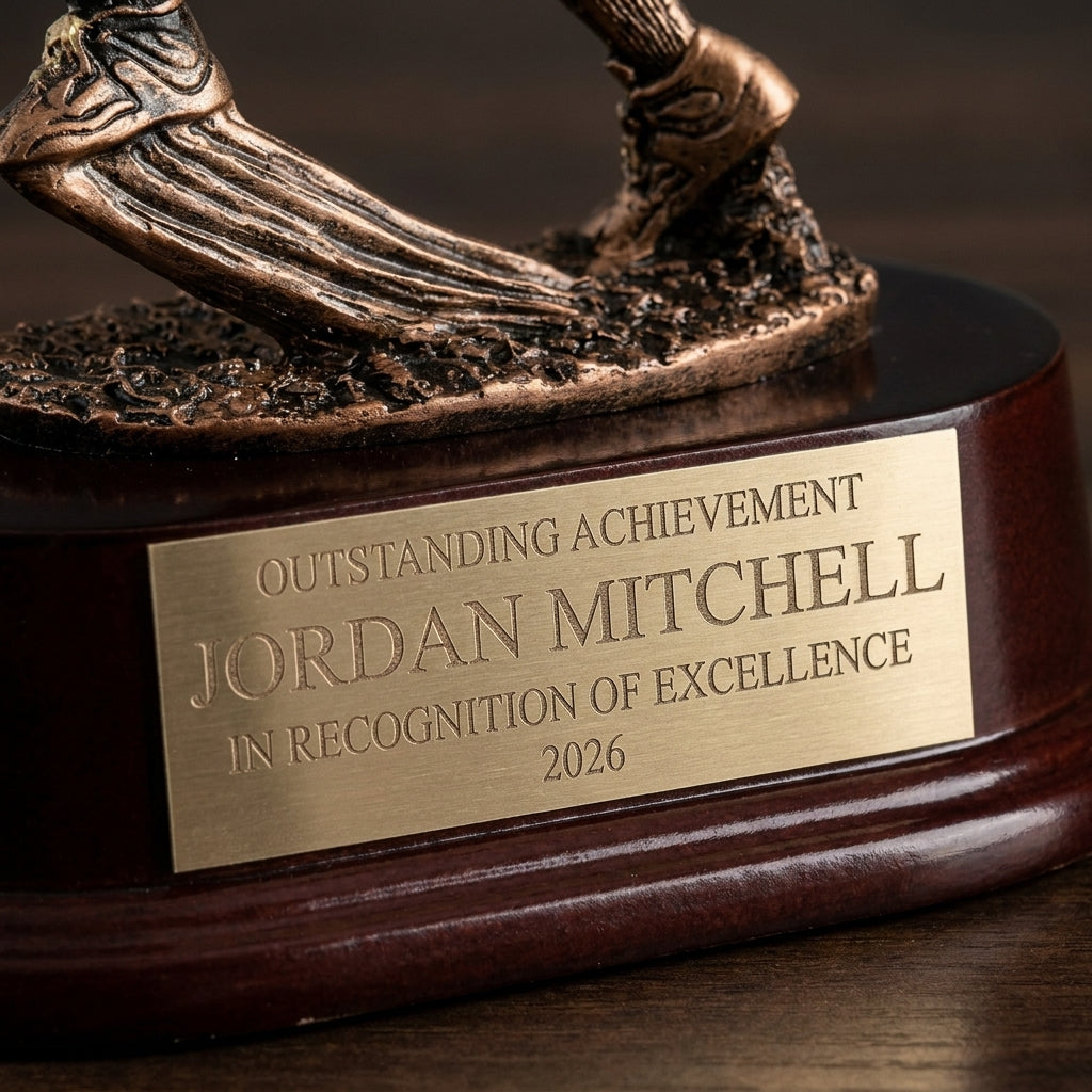 Close-up of the custom laser engraving on a personalized Football Runner Resin Trophy resin award, showing crisp permanent personalization