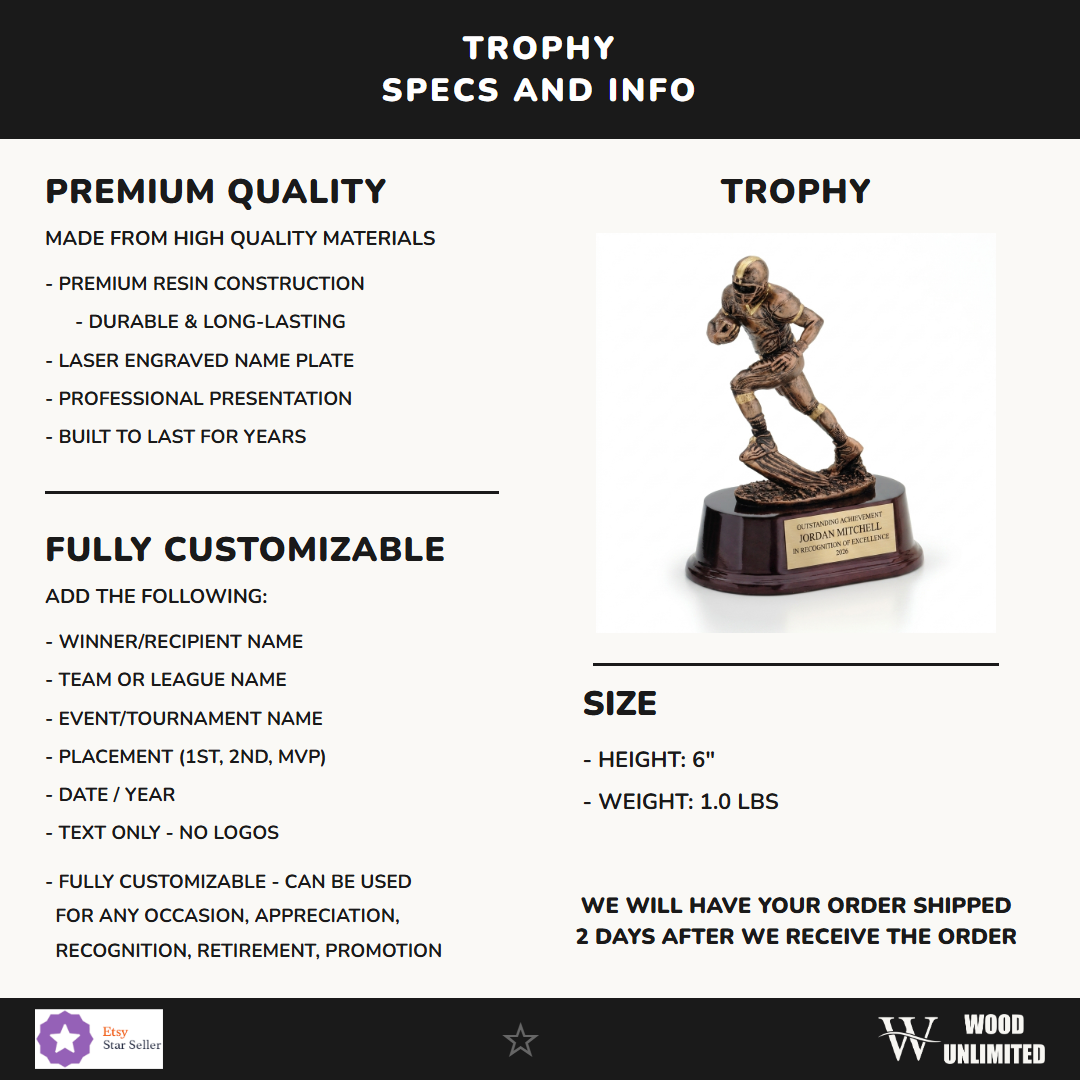 Specifications for the personalized Football Runner Resin Trophy resin award — materials, engraving, and features