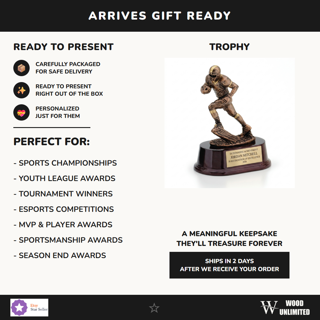 Gift-ready personalized Football Runner Resin Trophy resin award, perfect for ceremonies, retirements, and corporate recognition