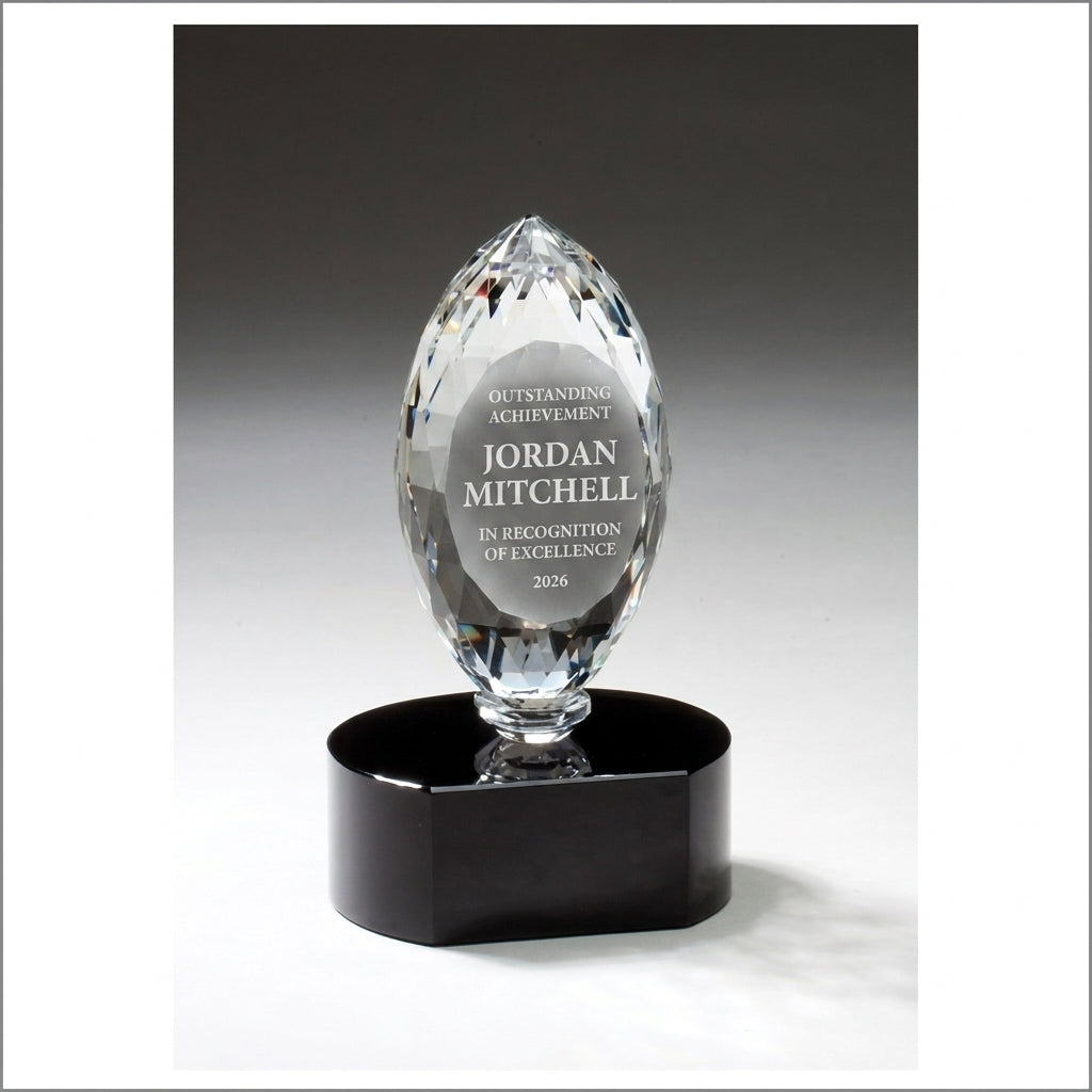 Personalized Football Upright On Black Base Trophy resin award, custom laser engraved recognition award on a clean white studio background
