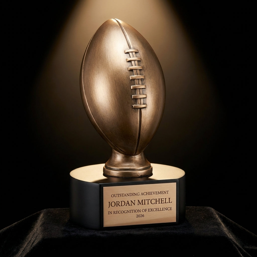 Personalized Football Upright On Black Base Trophy resin award on black velvet under awards-ceremony spotlight, engraved champion and lifetime achievement award