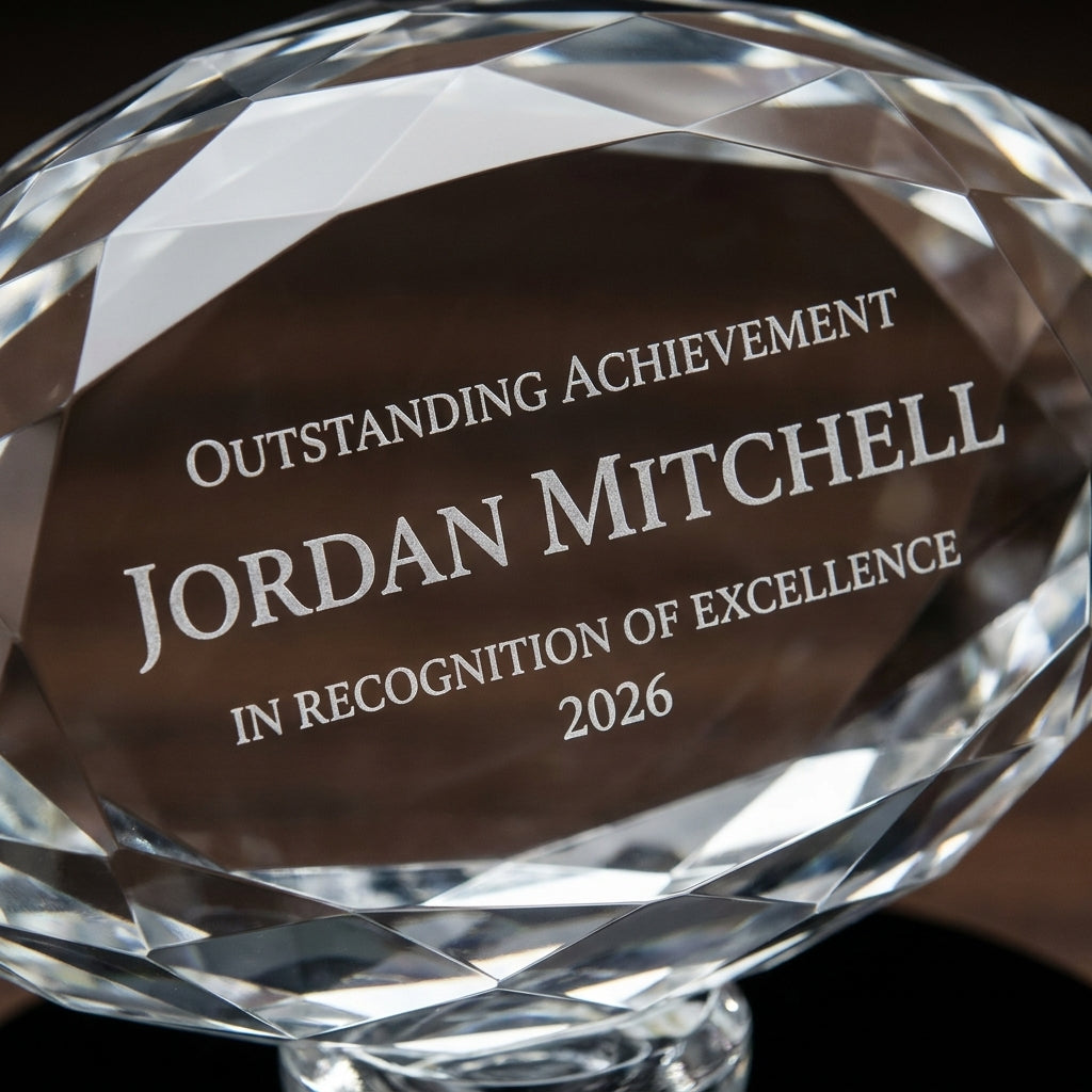 Close-up of the custom laser engraving on a personalized Football Upright On Black Base Trophy resin award, showing crisp permanent personalization