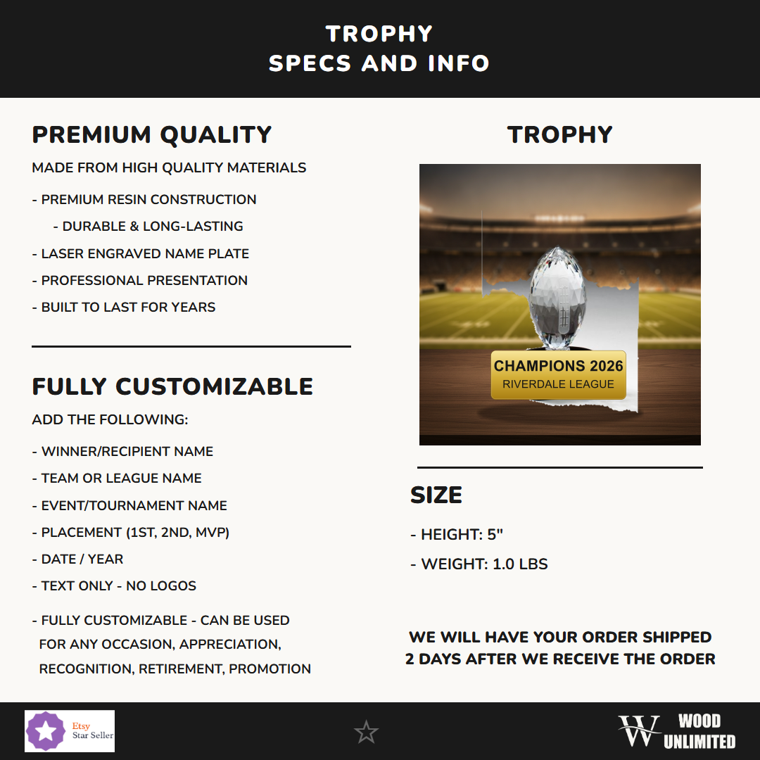 Specifications for the personalized Football Upright On Black Base Trophy resin award — materials, engraving, and features