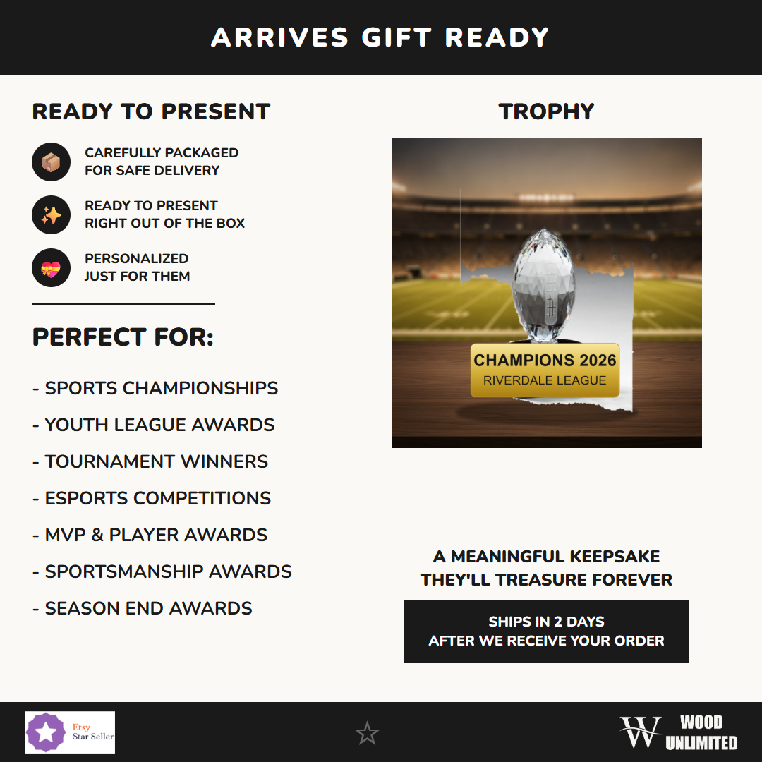Gift-ready personalized Football Upright On Black Base Trophy resin award, perfect for ceremonies, retirements, and corporate recognition