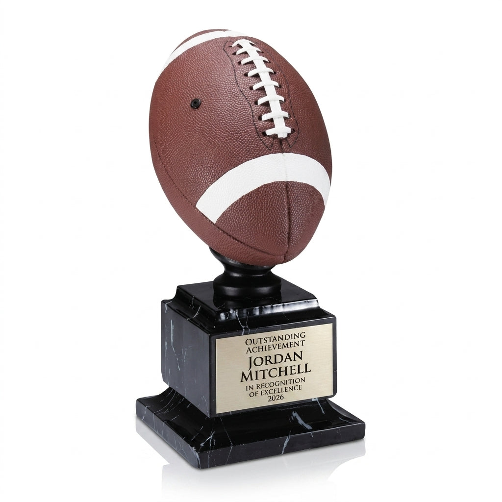 Personalized Full Color Football Resin Trophy resin award, custom laser engraved recognition award on a clean white studio background