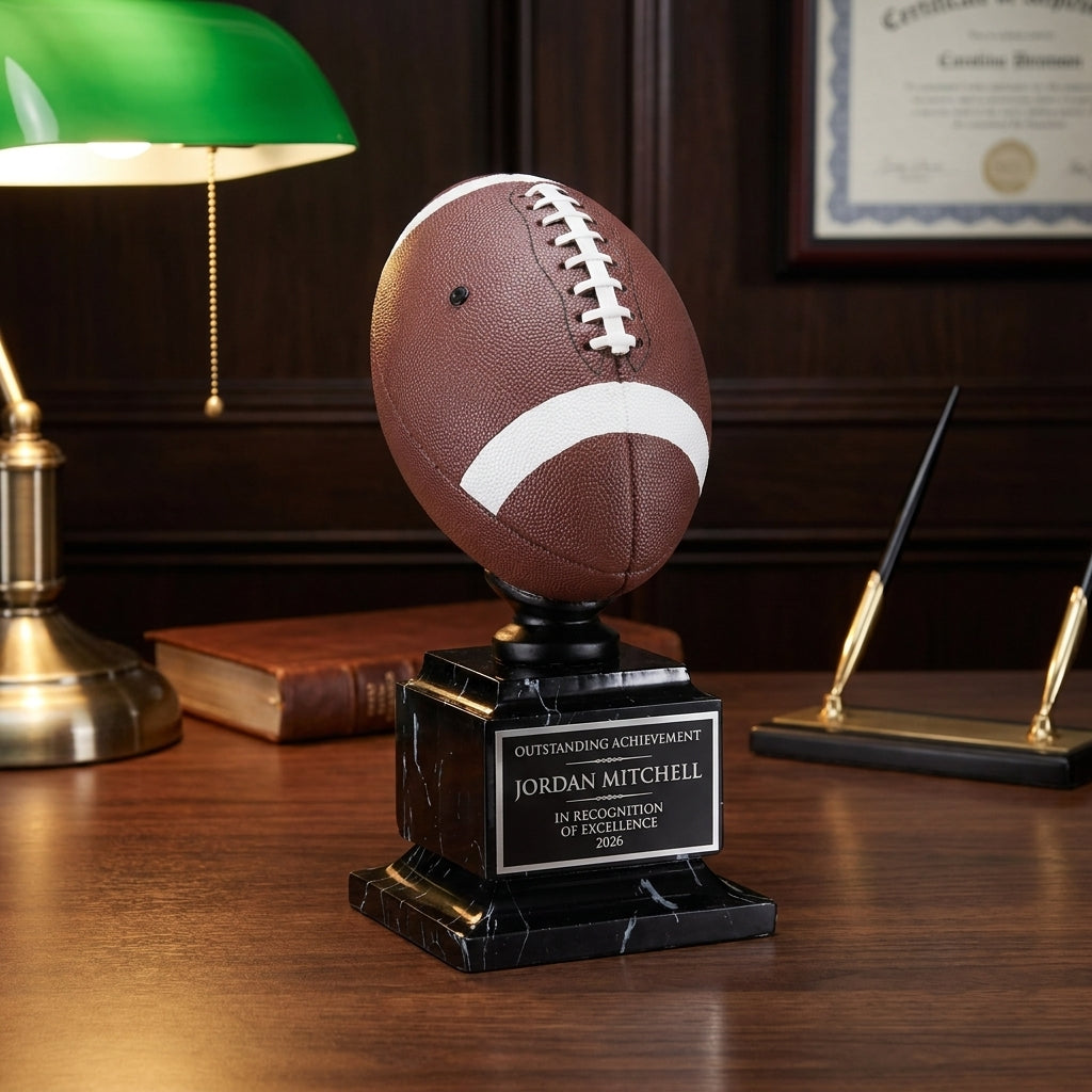 Personalized Full Color Football Resin Trophy resin award on a warm executive desk with a green banker's lamp, engraved corporate recognition and retirement gift