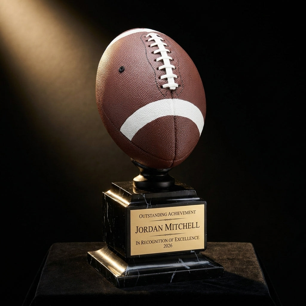 Personalized Full Color Football Resin Trophy resin award on black velvet under awards-ceremony spotlight, engraved champion and lifetime achievement award
