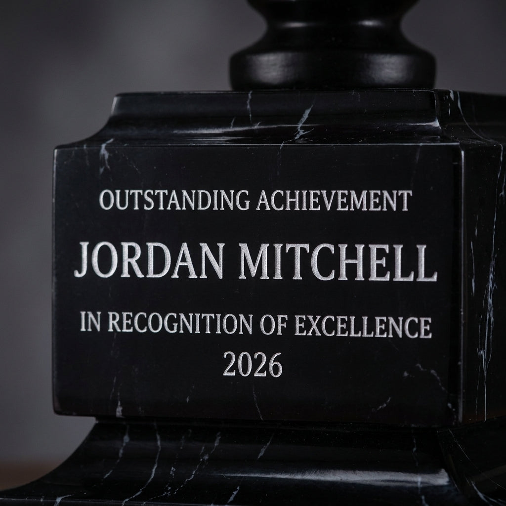 Close-up of the custom laser engraving on a personalized Full Color Football Resin Trophy resin award, showing crisp permanent personalization