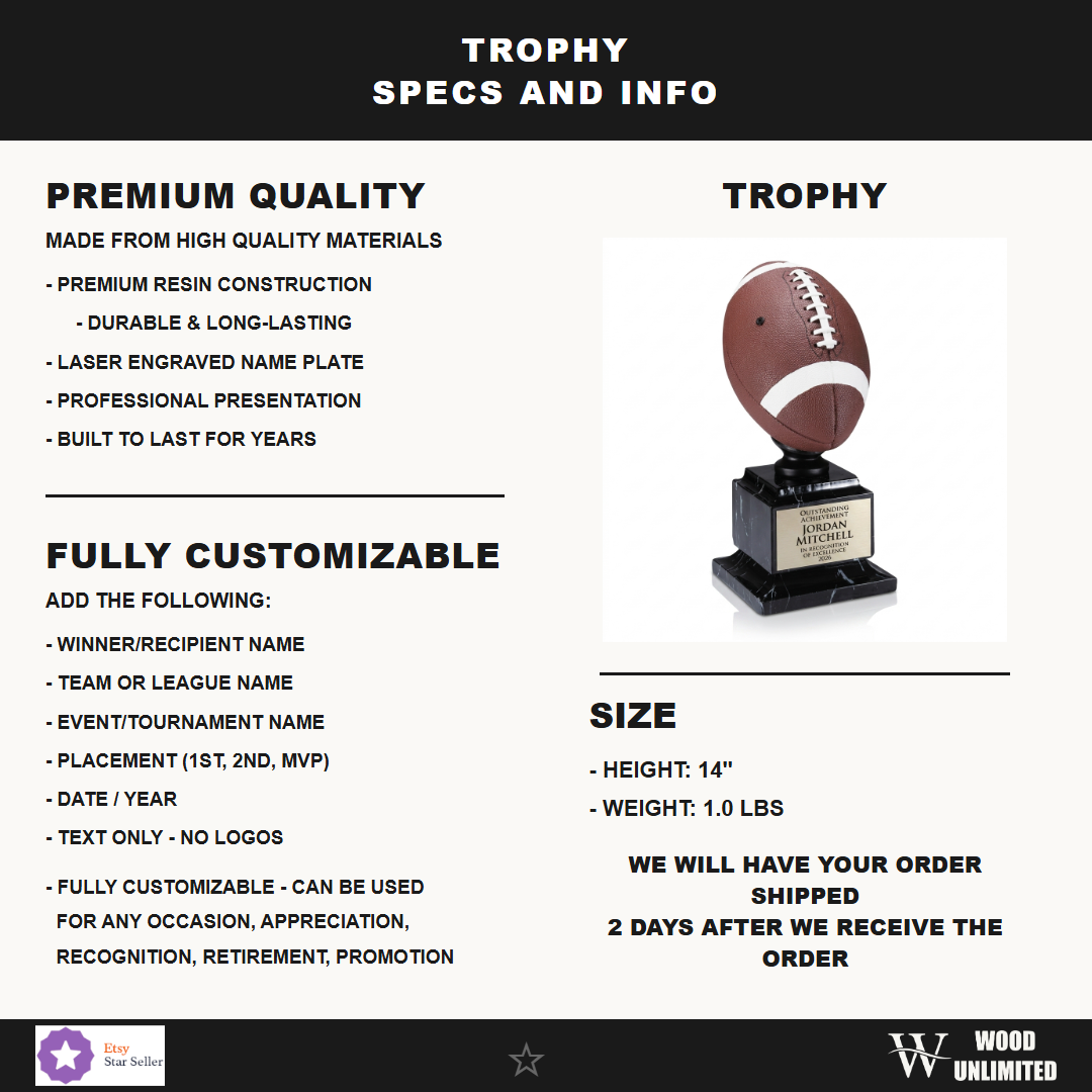 Specifications for the personalized Full Color Football Resin Trophy resin award — materials, engraving, and features