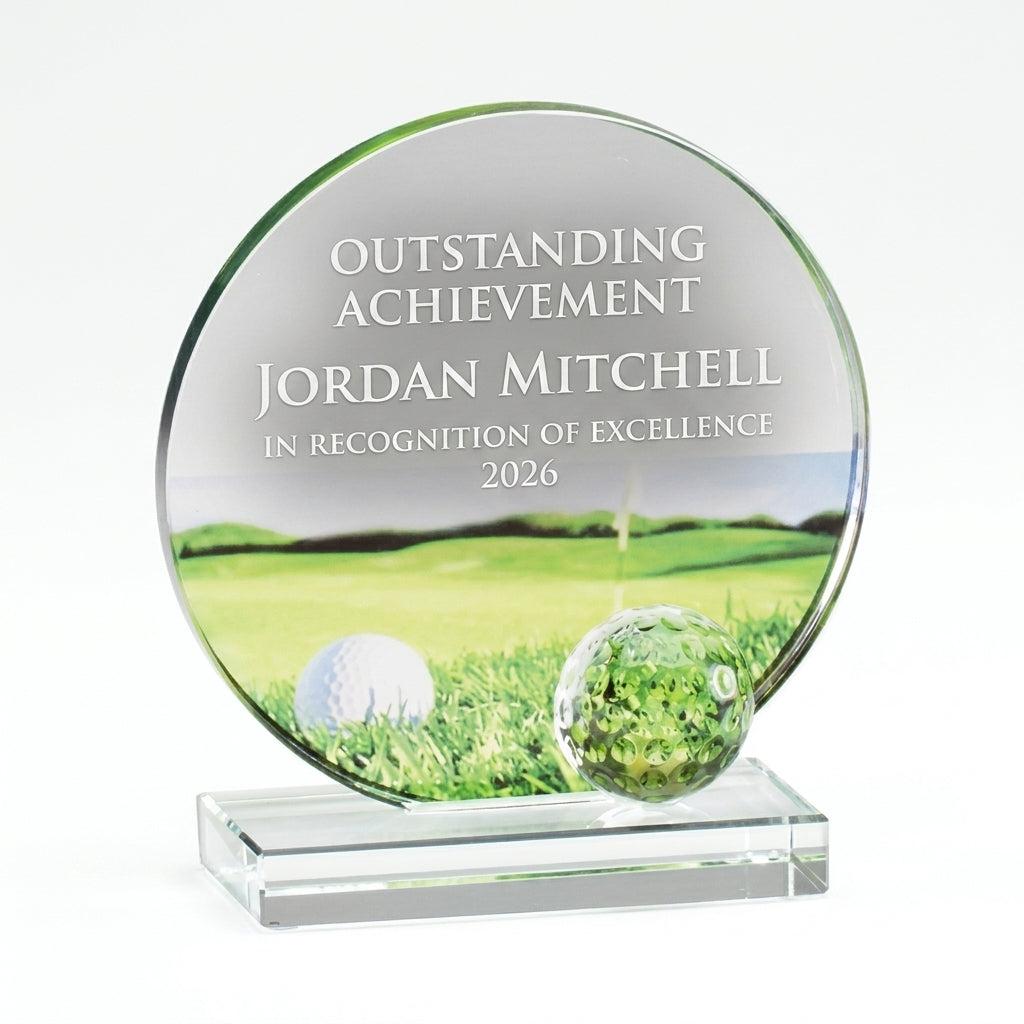 Personalized Glass Golf Award crystal award, custom laser engraved recognition award on a clean white studio background