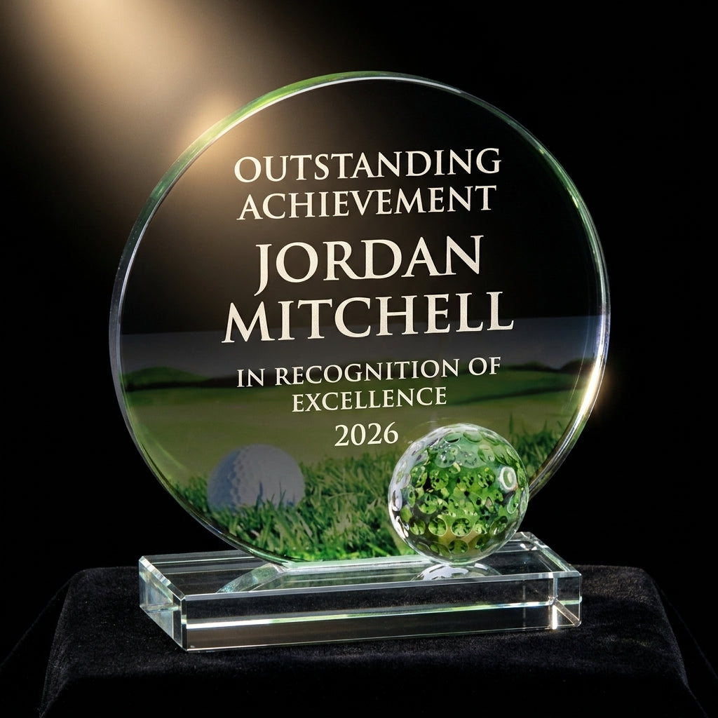 Personalized Glass Golf Award crystal award on black velvet under awards-ceremony spotlight, engraved champion and lifetime achievement award