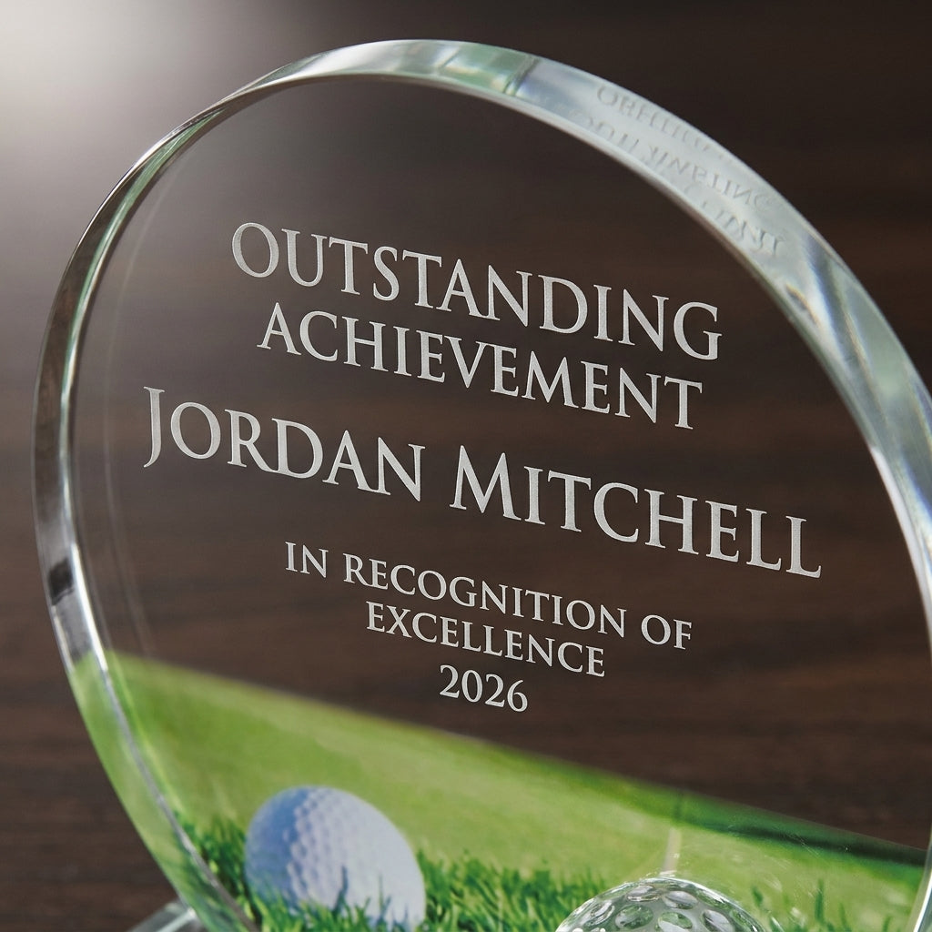 Close-up of the custom laser engraving on a personalized Glass Golf Award crystal award, showing crisp permanent personalization