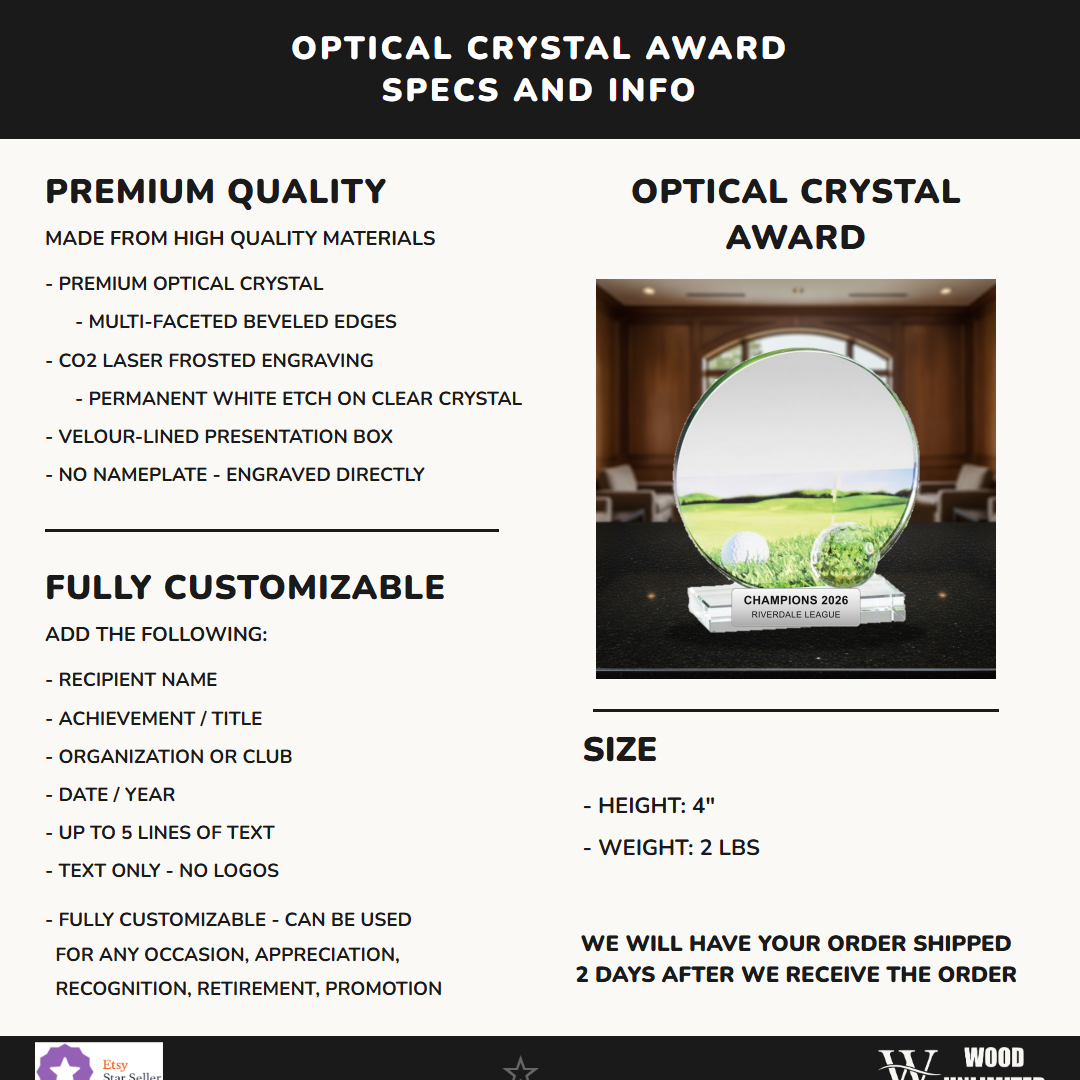 Specifications for the personalized Glass Golf Award crystal award — materials, engraving, and features