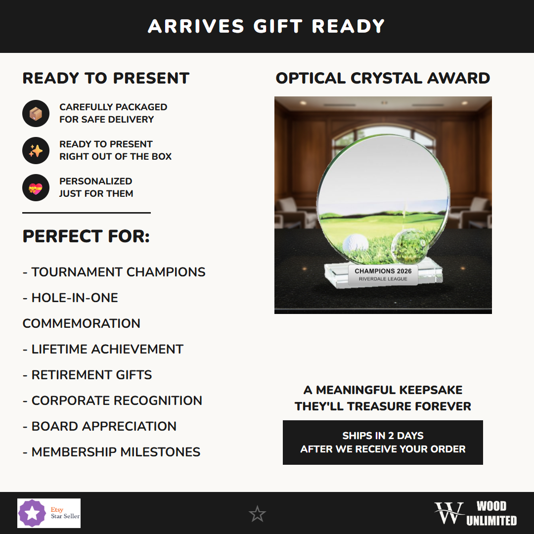 Gift-ready personalized Glass Golf Award crystal award, perfect for ceremonies, retirements, and corporate recognition
