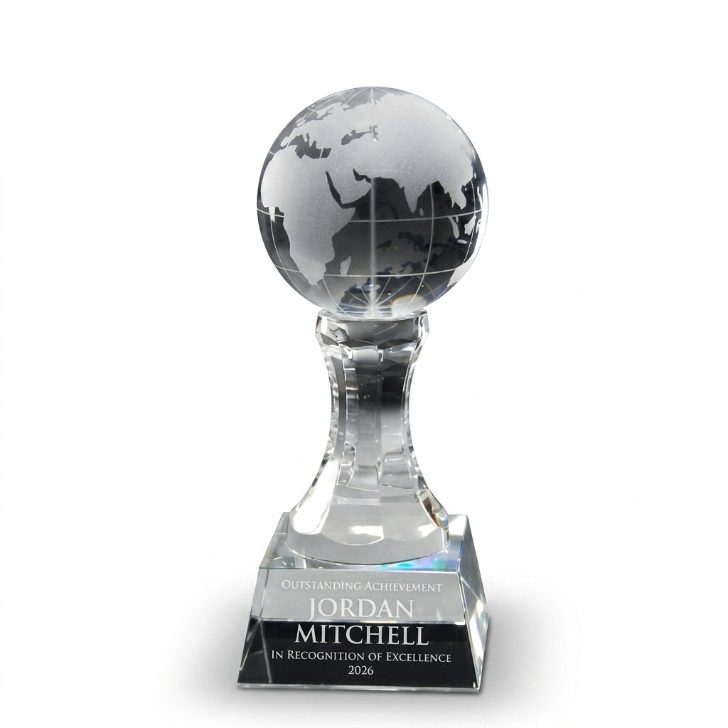 Personalized Globe crystal award, custom laser engraved recognition award on a clean white studio background