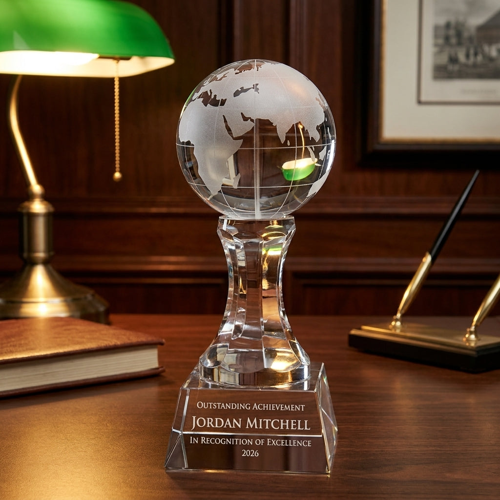 Personalized Globe crystal award on a warm executive desk with a green banker's lamp, engraved corporate recognition and retirement gift