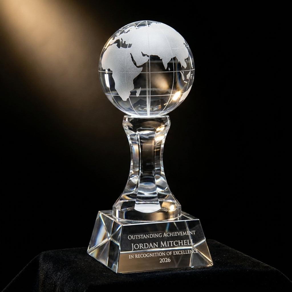 Personalized Globe crystal award on black velvet under awards-ceremony spotlight, engraved champion and lifetime achievement award