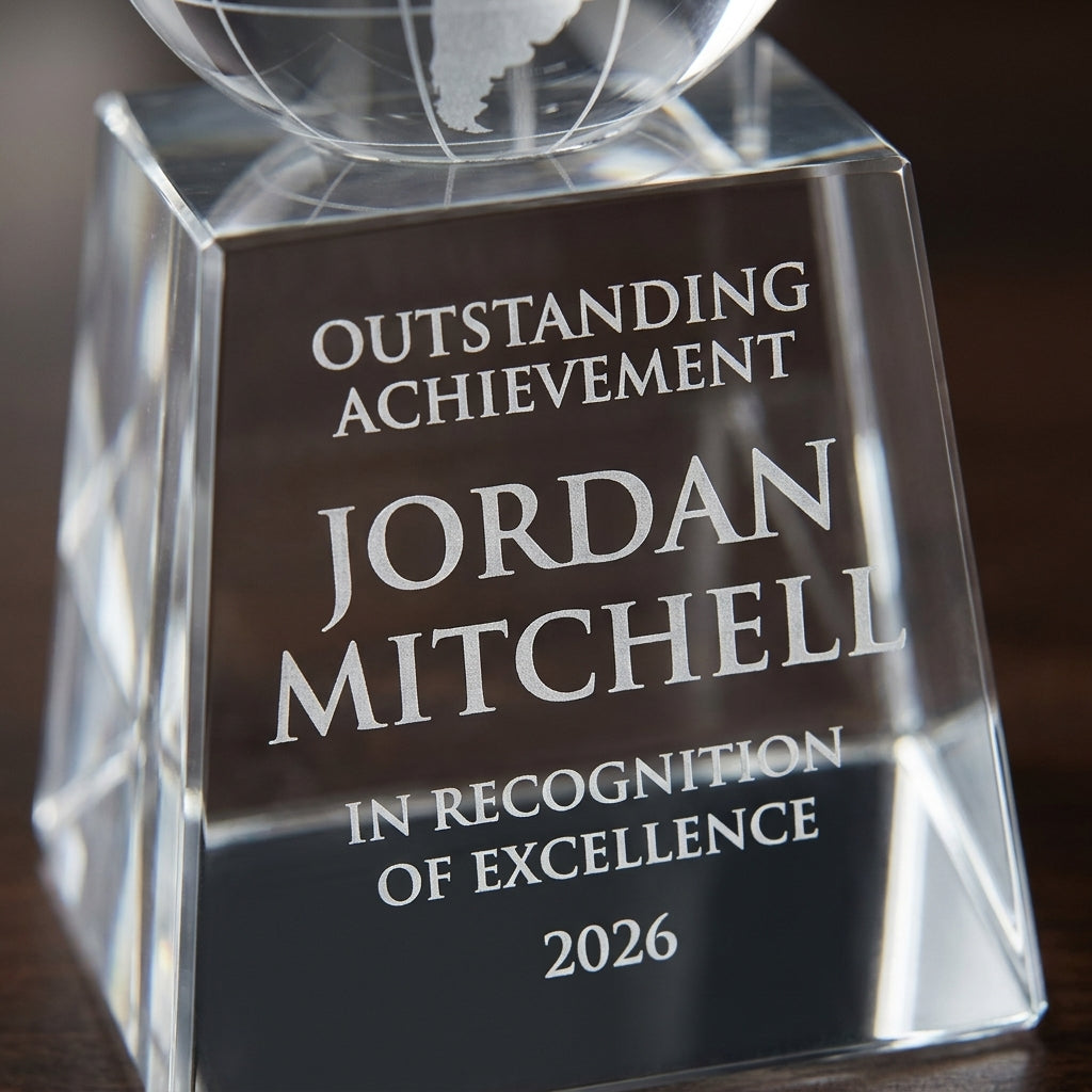 Close-up of the custom laser engraving on a personalized Globe crystal award, showing crisp permanent personalization
